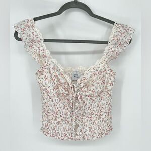 Princess Polly Floral Smocked Linen Blend Keyhole Top Size 4